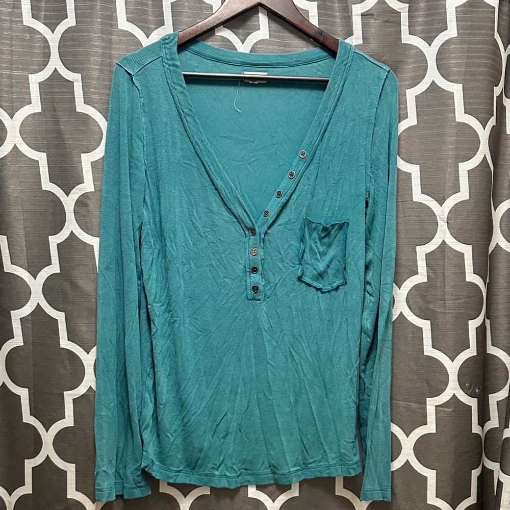POL Teal Long Sleeve Button-Up Top